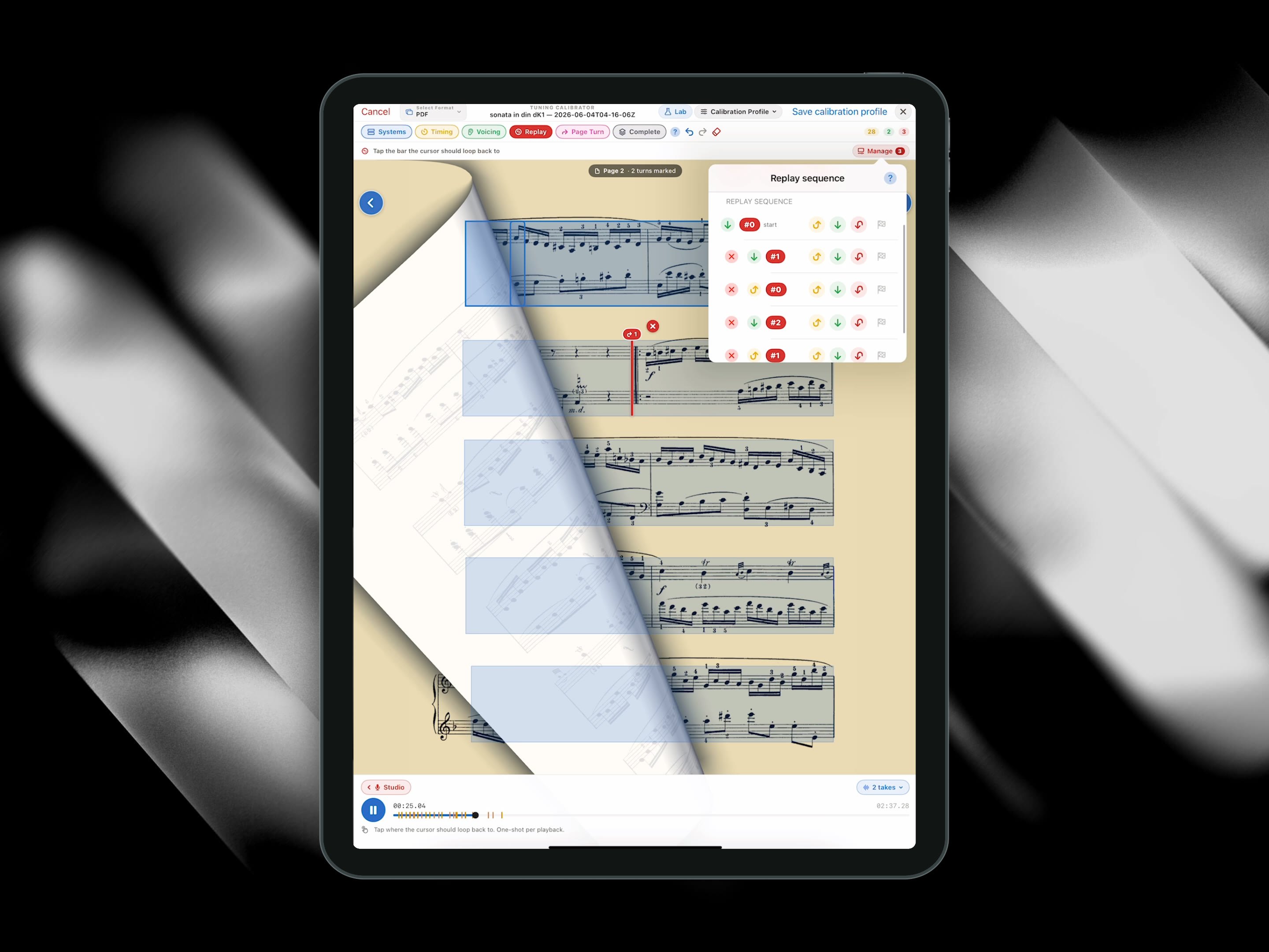A calibrated replay on iPad with system bands, page-turn animation, and the Replay sequence manager.